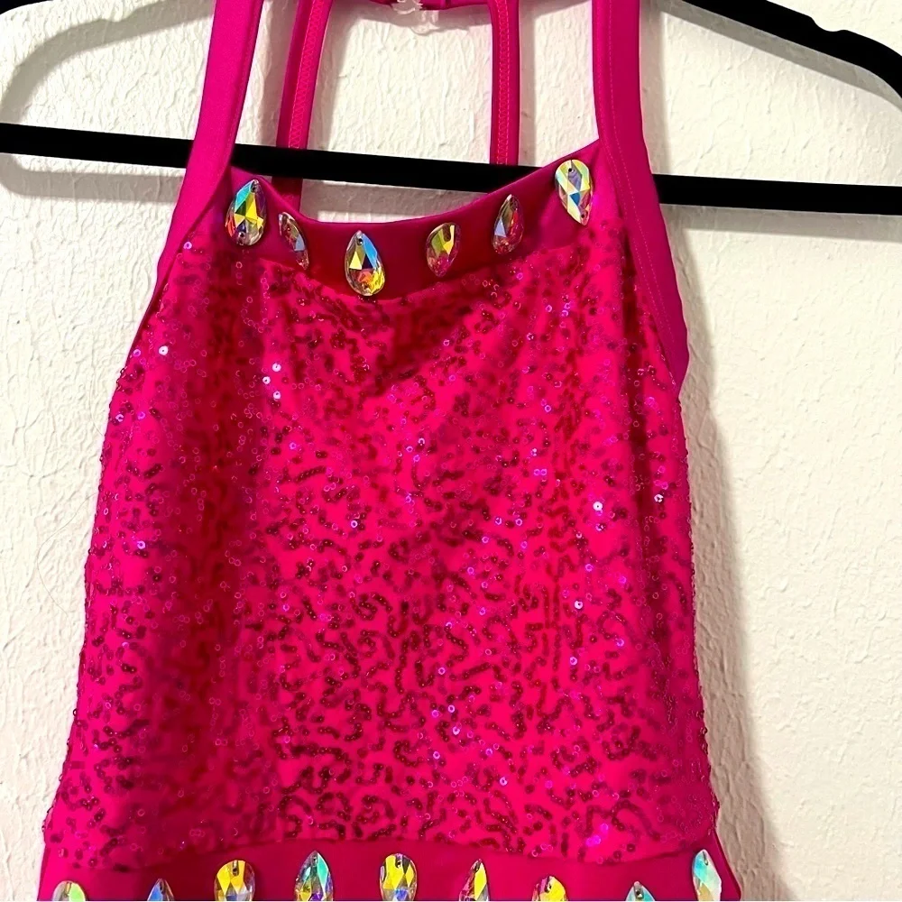 Weissman LC Large (12-14) Pink Sequins & Crystal Dance Costume Halter Neckline